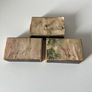 Vintage Wooden Match Boxes W/Drawn Bird Motif Lot Of 3 *Empty* Trinket Boxes